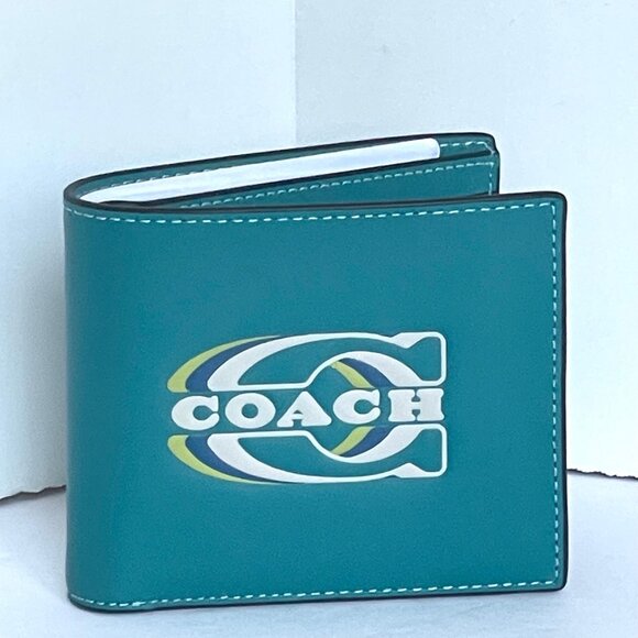 Coach 3 In 1 Wallet Mens Leather Vintage Logo Stamp Blue Teal CH084 Removable - Picture 1 of 8
